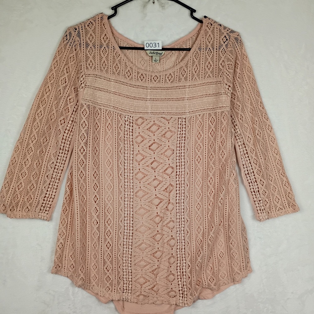 Lucky Brand Peach Pink Crochet Lace 3/4 Sleeve Mesh Top Womens Large Boho‎ Scoop